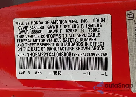 2004 Honda Civic Vp from USA, damaged, VIN 1HGEM221X4L048008